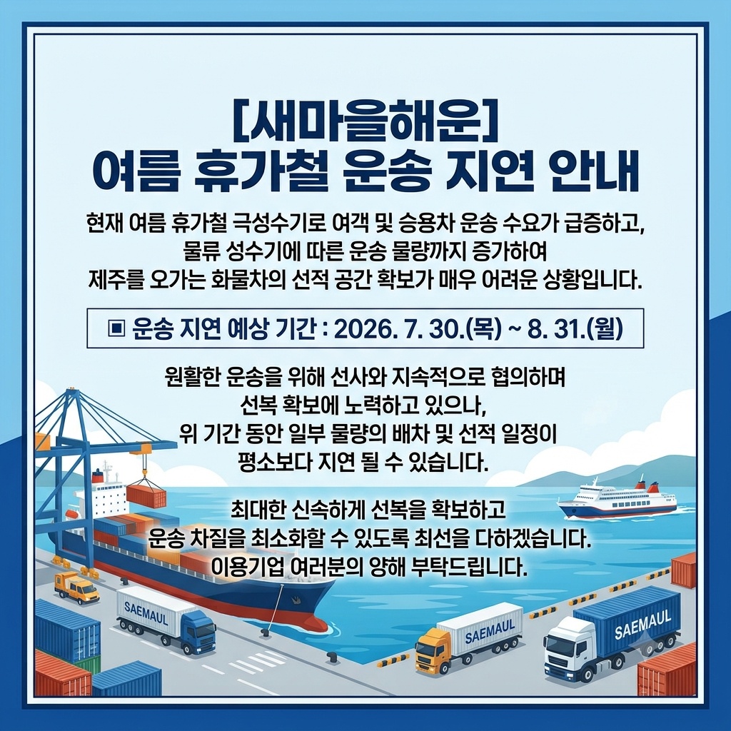 새마을해운물류 여름 휴가철 운송 지연 안내