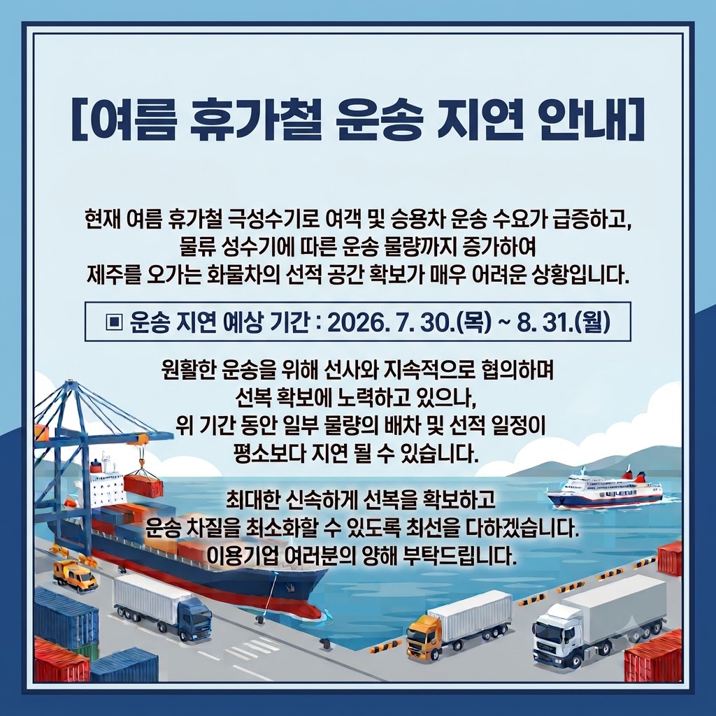 새마을해운물류 여름 휴가철 운송 지연 안내